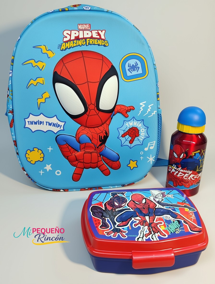 PACKS MOCHILA 35CM, FIAMBRERA Y BOTELLA ALUMINIO SPIDEY