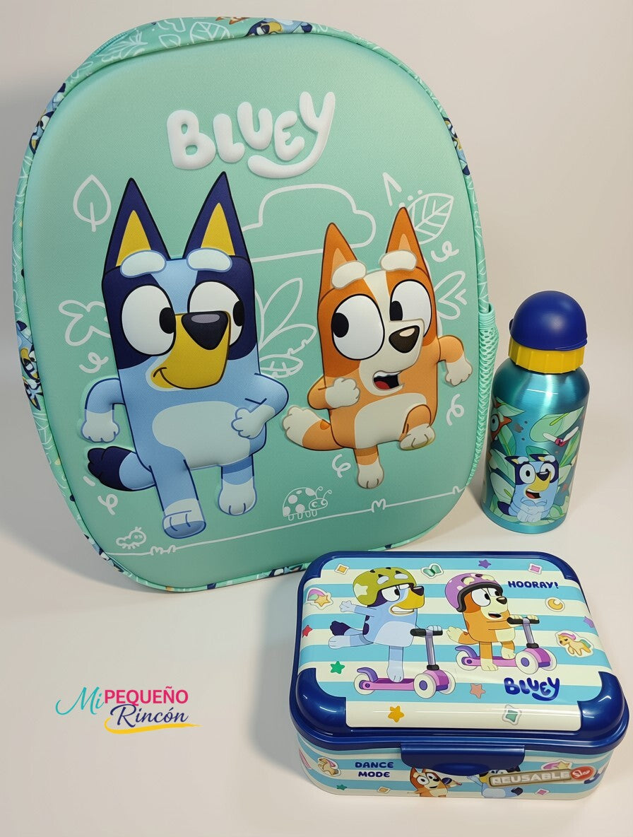 PACK MOCHILA 34CM FIAMBRERA Y BOTELLA ALUMINO BLUEY