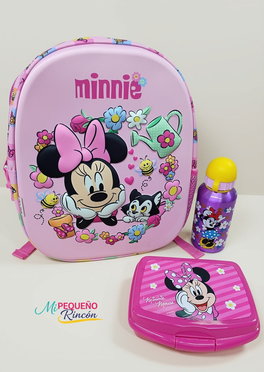 PACK MOCHILA 3D DE 35 CM MINNIE, FIAMBRERA Y BOTELLA ALUMINIO